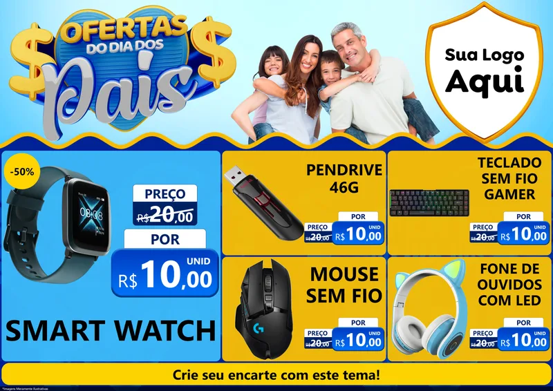 Modelo de Encarte para Encarte A4 Horizontal com o tema Ofertas do Dia dos Pais para Informática