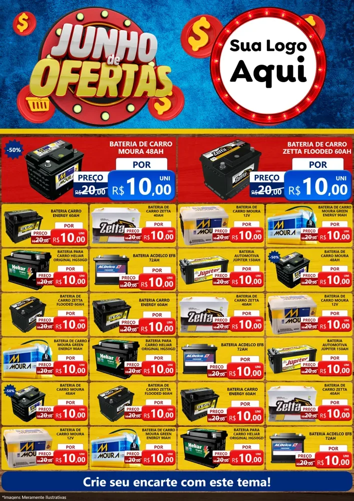 Modelo de Encarte para Encarte A4 Vertical com o tema Junho de Ofertas para Baterias Elétricas