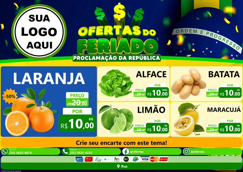 Modelo de Encarte para Encarte A4 Horizontal com o tema Ofertas do Feriado - Proclamação da República para Hortifrúti