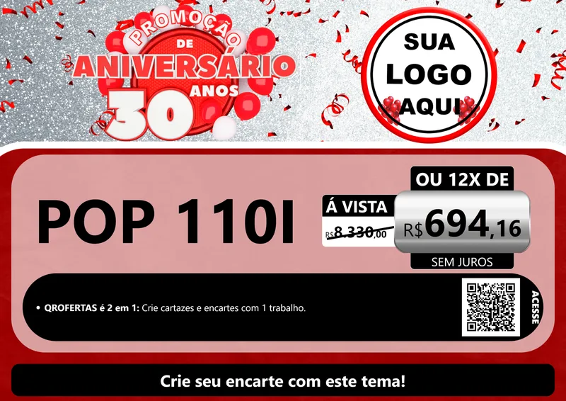 Modelo de Cartaz para Cartaz A4 Horizontal com o tema Promoção de Aniversário - 30 Anos para Concessionaria de Motos