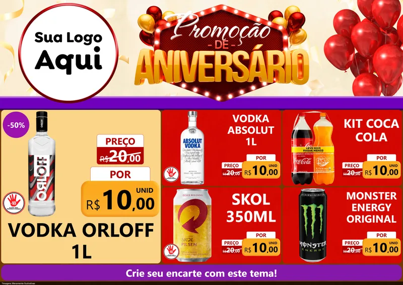 Modelo de Encarte para Encarte A4 Horizontal com o tema Promoção de Aniversário para Distribuidora de bebidas