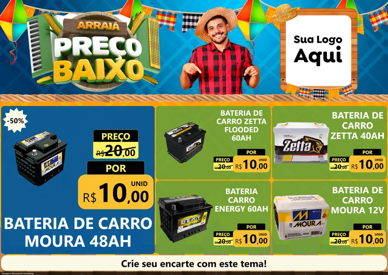 Modelo de Encarte para Encarte A4 Horizontal com o tema Arraiá de Preço Baixo - Junina para Baterias Elétricas