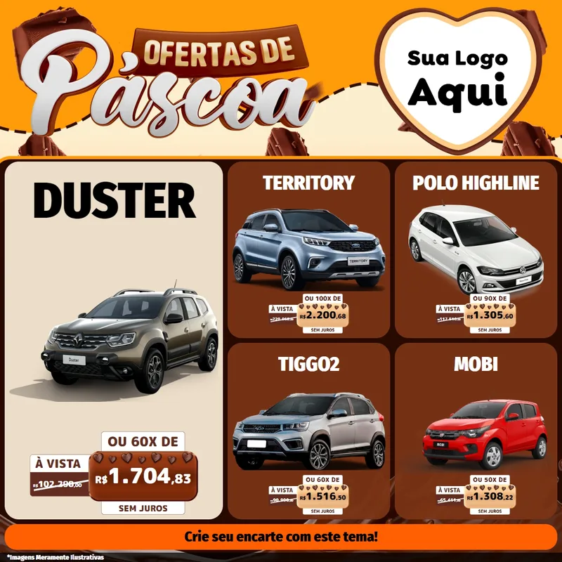 Modelo de Rede Social para Feed Facebook com o tema Ofertas de Páscoa para Concessionaria de Carros