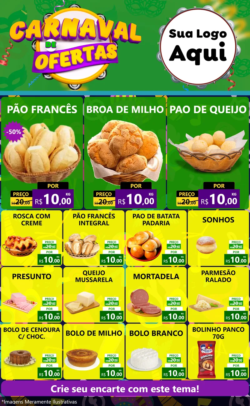 Modelo de Encarte para Encarte Grande com o tema Carnaval de Ofertas para Padaria