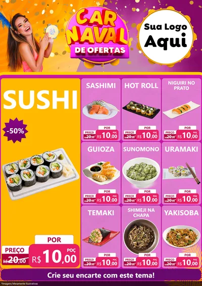 Modelo de Encarte para Encarte A4 Vertical com o tema Carnaval de Ofertas para Comida japonesa
