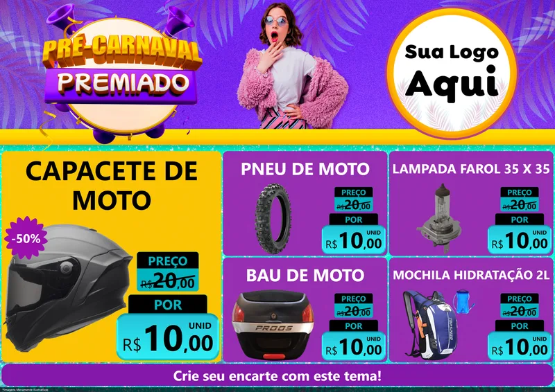 Modelo de Encarte para Encarte A4 Horizontal com o tema Pré-Carnaval Premiado para Moto peças