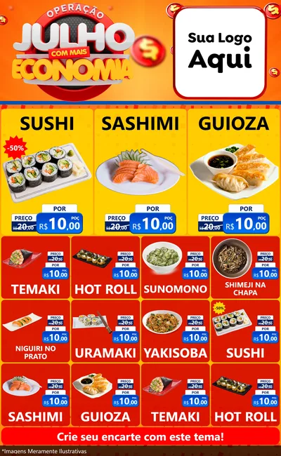 Modelo de Encarte para Encarte Grande com o tema Operação Julho Com Mais Economia para Comida japonesa