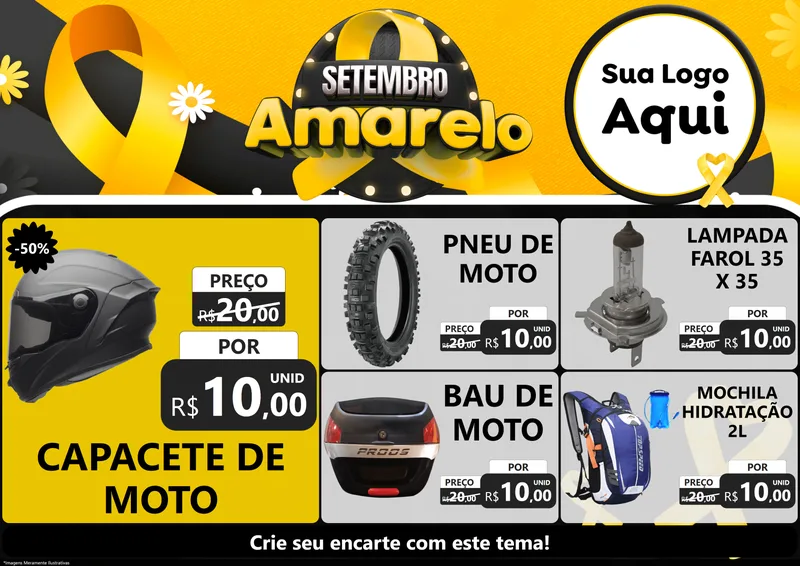 Modelo de Encarte para Encarte A4 Horizontal com o tema Setembro Amarelo para Moto peças