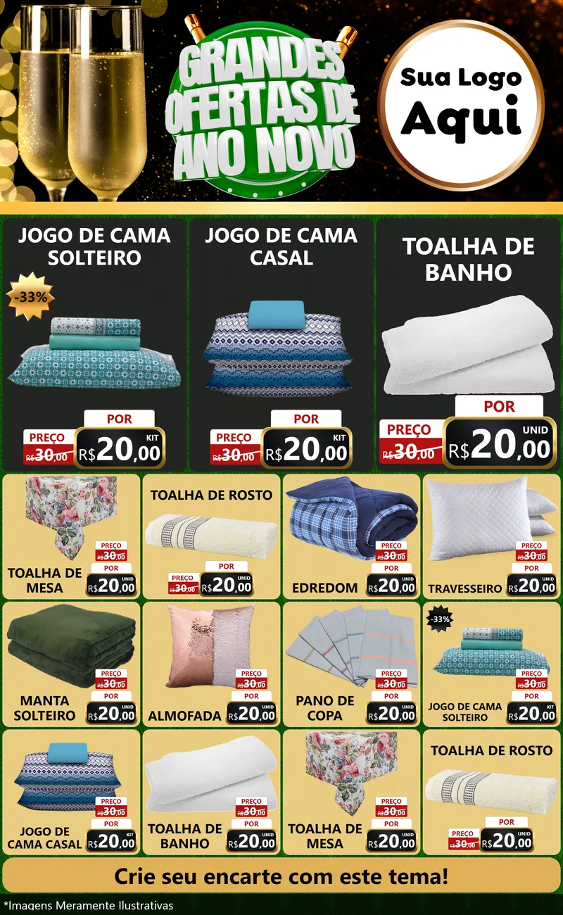 Modelo de Encarte para Encarte Grande com o tema Grandes Ofertas de Ano Novo para Cama, Mesa e Banho