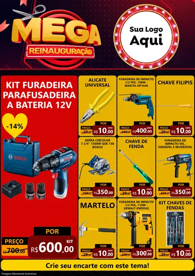 Modelo de Encarte para Encarte A4 Vertical com o tema Mega Reinauguração para Maquinas e Ferramentas