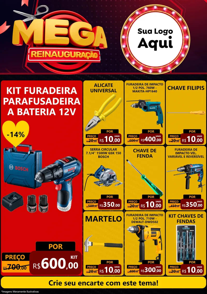 Modelo de Encarte para Encarte A4 Vertical com o tema Mega Reinauguração para Maquinas e Ferramentas