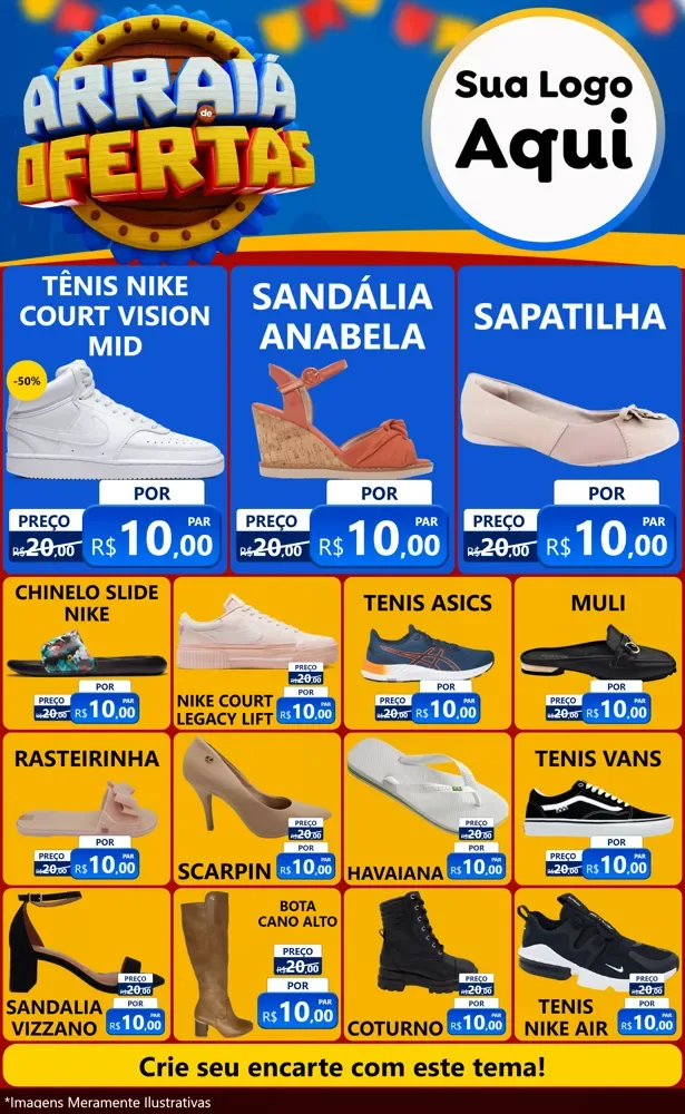 Modelo de Encarte para Encarte Grande com o tema Arraiá de Ofertas - Junina para Calçados