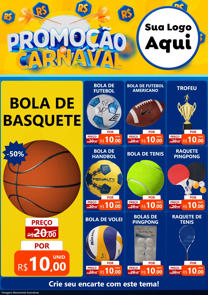 Modelo de Encarte para Encarte A4 Vertical com o tema Promoção de Carnaval para Artigos Esportivos