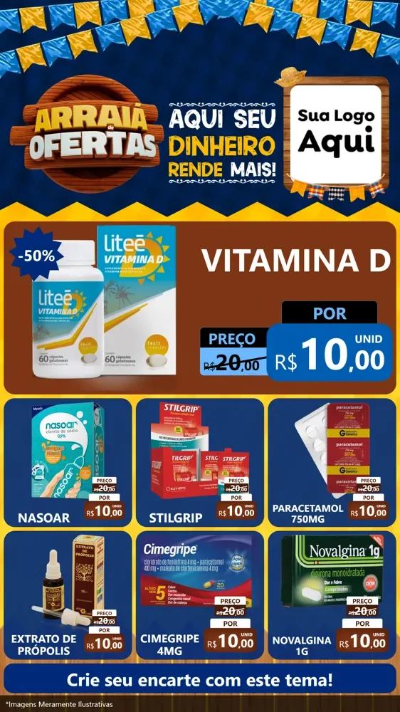Modelo de Rede Social para Stories com o tema Arraiá de Ofertas - Junina para Farmácia