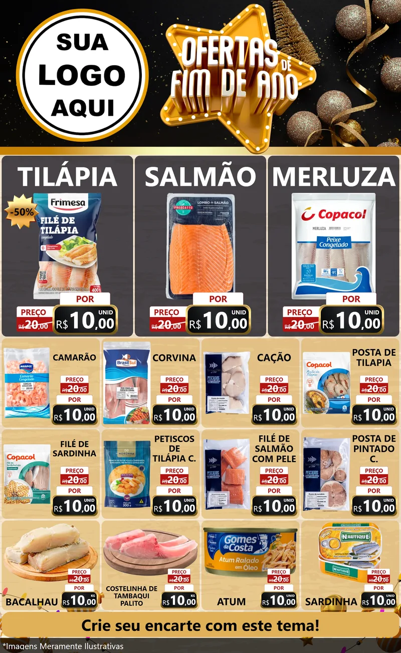 Modelo de Encarte para Encarte Grande com o tema Ofertas de Fim de Ano para Peixaria