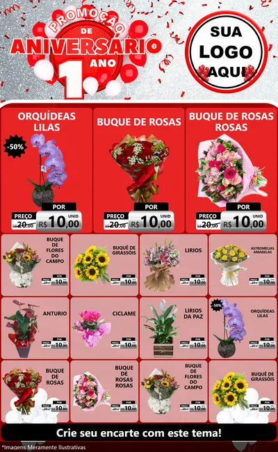 Modelo de Encarte para Encarte Grande com o tema Promoção de Aniversário - 1 Ano para Floricultura e jardim