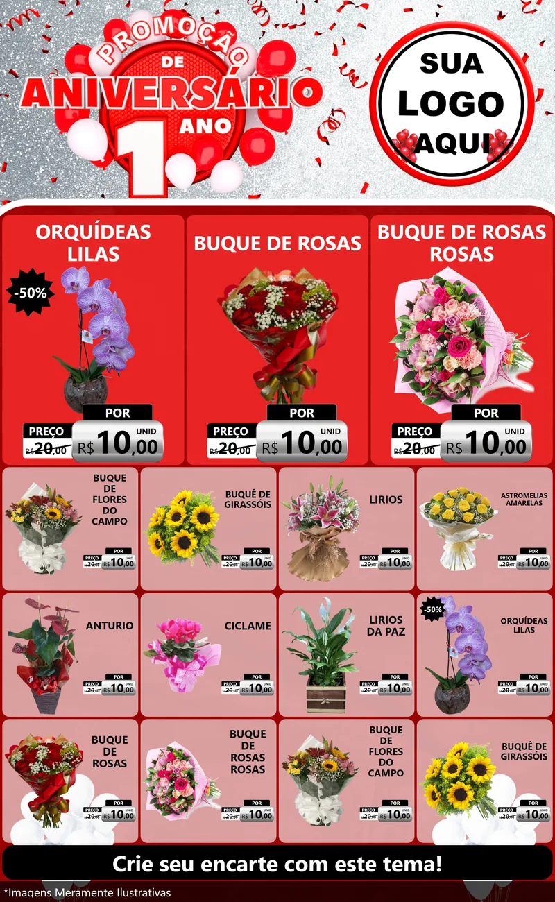 Modelo de Encarte para Encarte Grande com o tema Promoção de Aniversário - 1 Ano para Floricultura e jardim