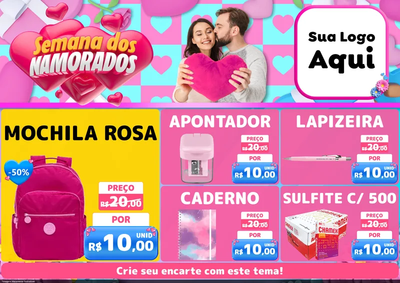 Modelo de Encarte para Encarte A4 Horizontal com o tema Semana dos Namorados para Papelaria