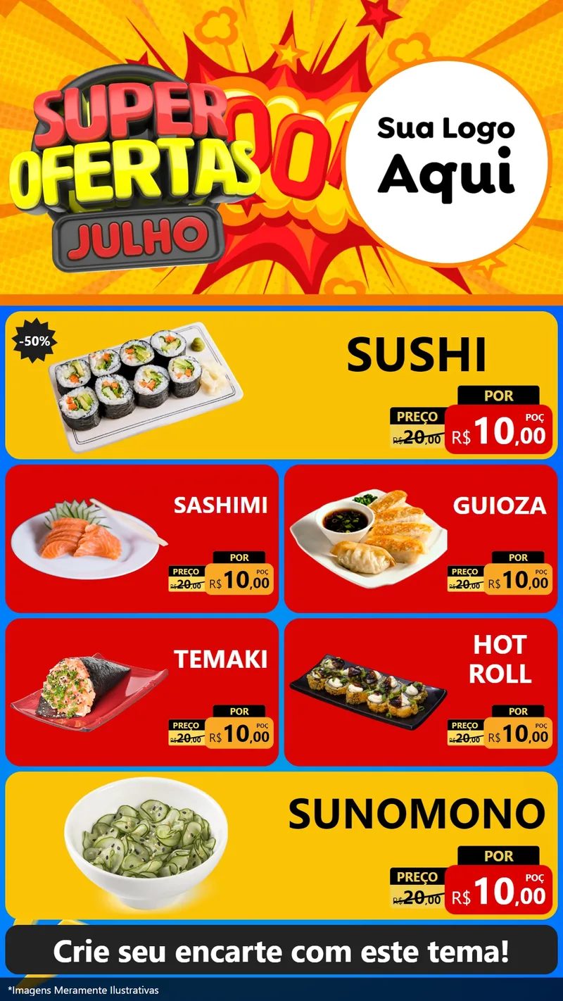 Modelo de TV para TV Vertical com o tema Super Ofertas Julho para Comida japonesa