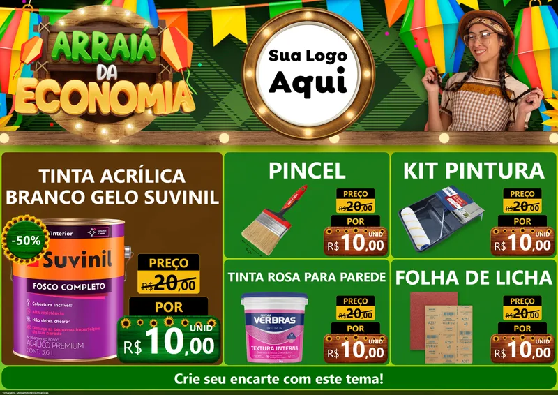 Modelo de Encarte para Encarte A4 Horizontal com o tema Arraiá de Economia para Tintas e Ferramentas
