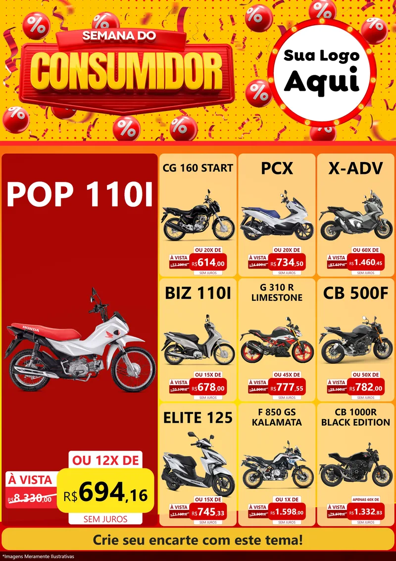Modelo de Encarte para Encarte A4 Vertical com o tema Semana do Consumidor para Concessionaria de Motos