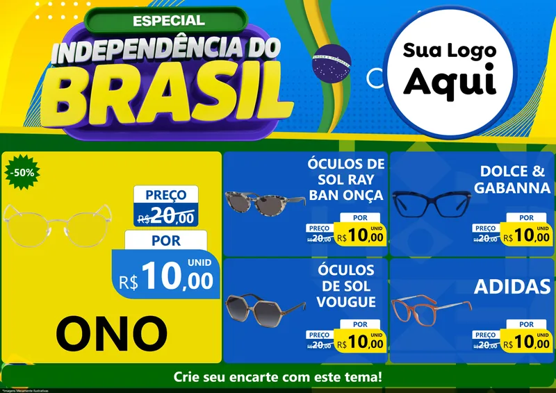 Modelo de Encarte para Encarte A4 Horizontal com o tema Especial Independência do Brasil para Óticas