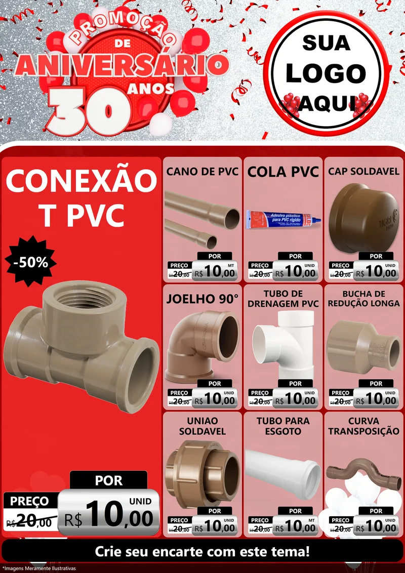 Modelo de Encarte para Encarte A4 Vertical com o tema Promoção de Aniversário - 30 Anos para Tubos e conexões