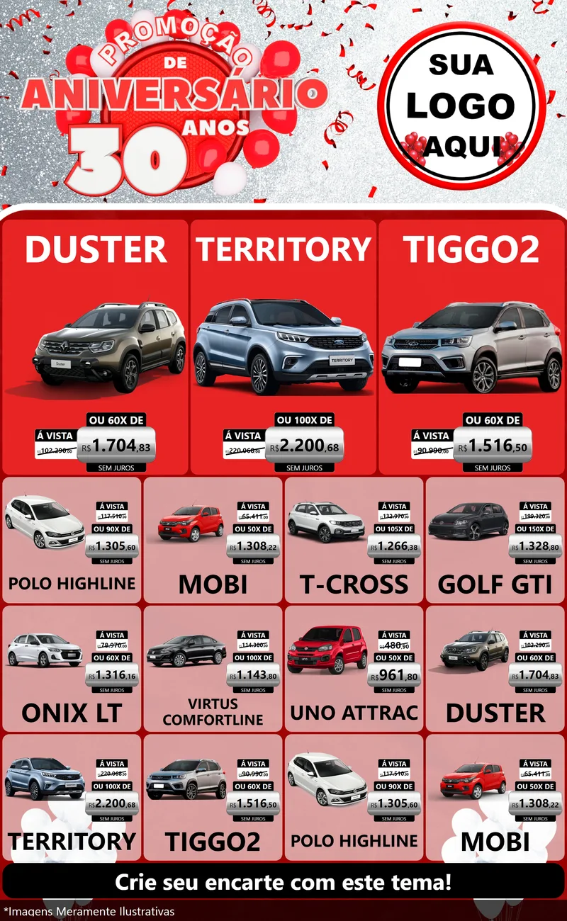 Modelo de Encarte para Encarte Grande com o tema Promoção de Aniversário - 30 Anos para Concessionaria de Carros