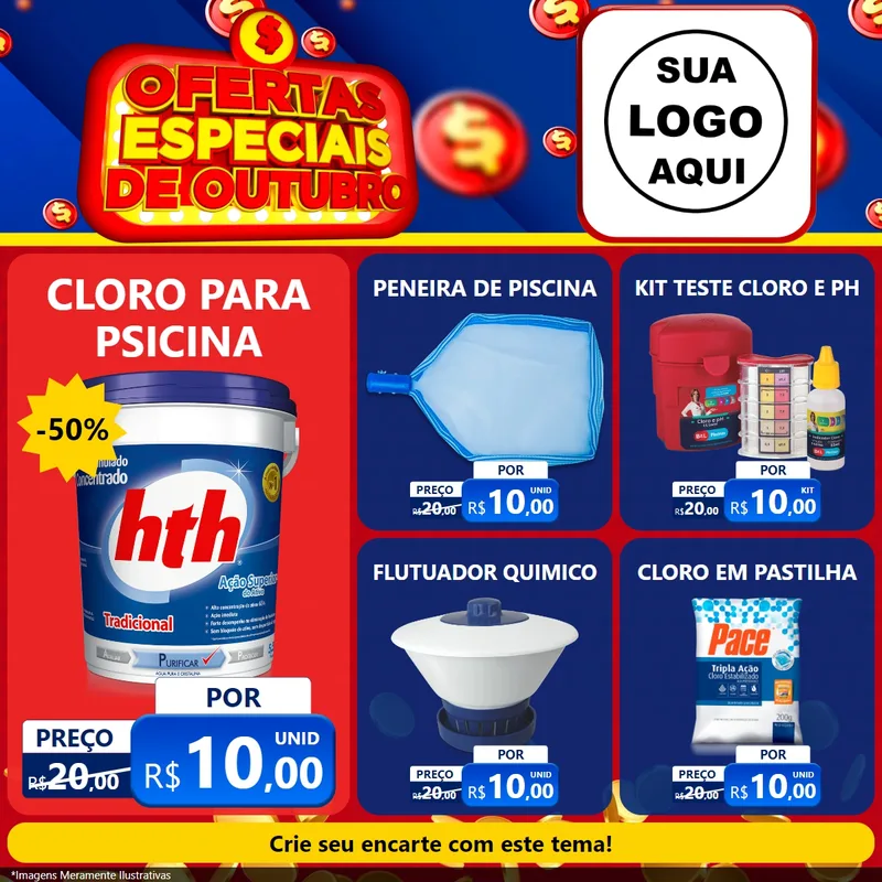 Modelo de Rede Social para Feed Facebook com o tema Ofertas Especiais de Outubro para Produtos para Piscina