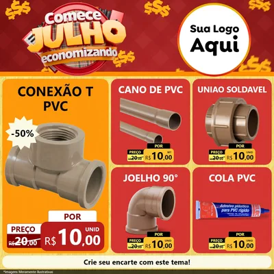 Modelo de Rede Social para Feed Facebook com o tema Comece Julho Economizando para Tubos e conexões