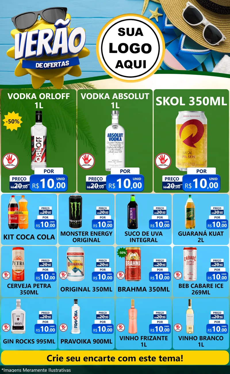 Modelo de Encarte para Encarte Grande com o tema Verão de Ofertas para Distribuidora de bebidas