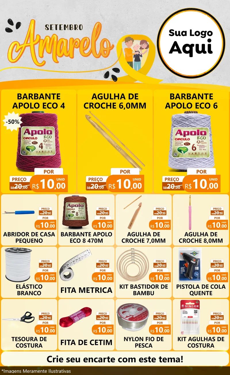 Modelo de Encarte para Encarte Grande com o tema Setembro Amarelo para Armarinho e Aviamentos