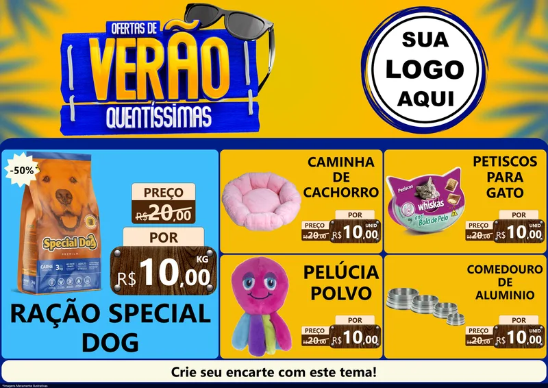 Modelo de Encarte para Encarte A4 Horizontal com o tema Ofertas de Verão Quentíssimas para Pet Shop