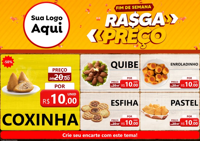 Modelo de Encarte para Encarte A4 Horizontal com o tema Fim de Semana Rasga Preços para Salgadaria
