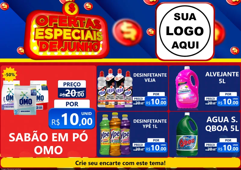 Modelo de Encarte para Encarte A4 Horizontal com o tema Ofertas Especiais de Junho para Produtos de Limpeza