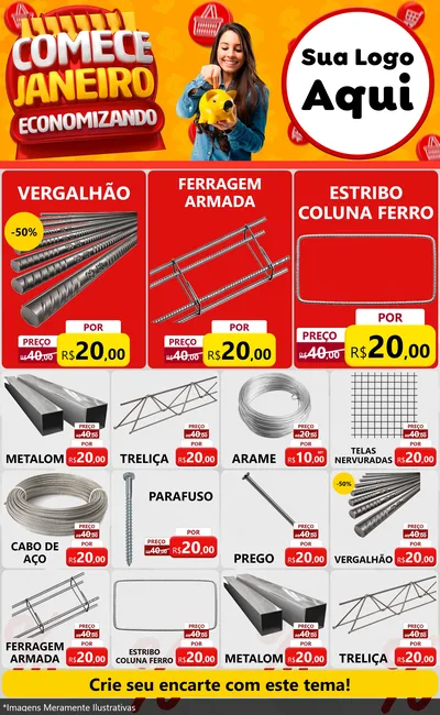 Modelo de Encarte para Encarte Grande com o tema Comece Janeiro Economizando para Ferragens