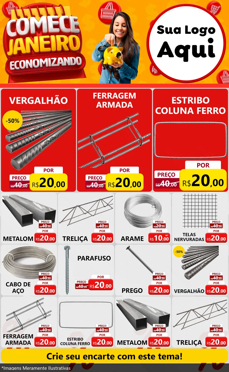 Modelo de Encarte para Encarte Grande com o tema Comece Janeiro Economizando para Ferragens
