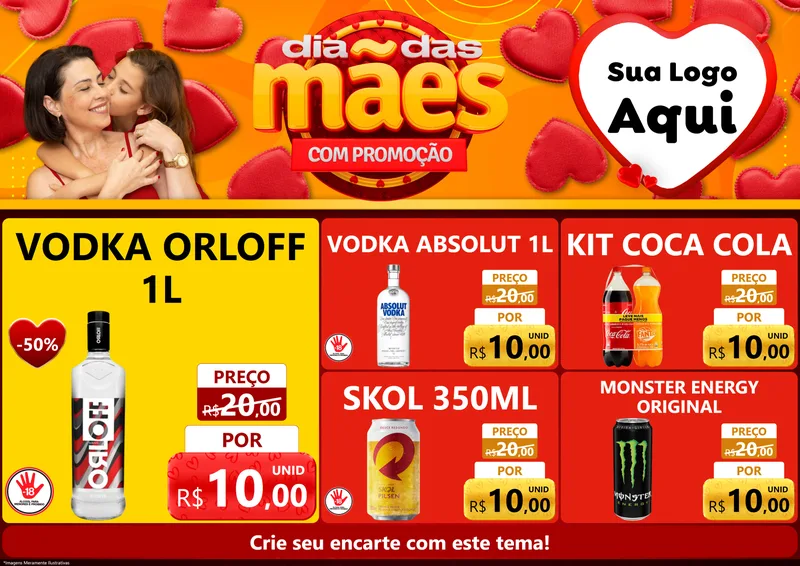 Modelo de Encarte para Encarte A4 Horizontal com o tema Dia das Mães com Promoção para Distribuidora de bebidas