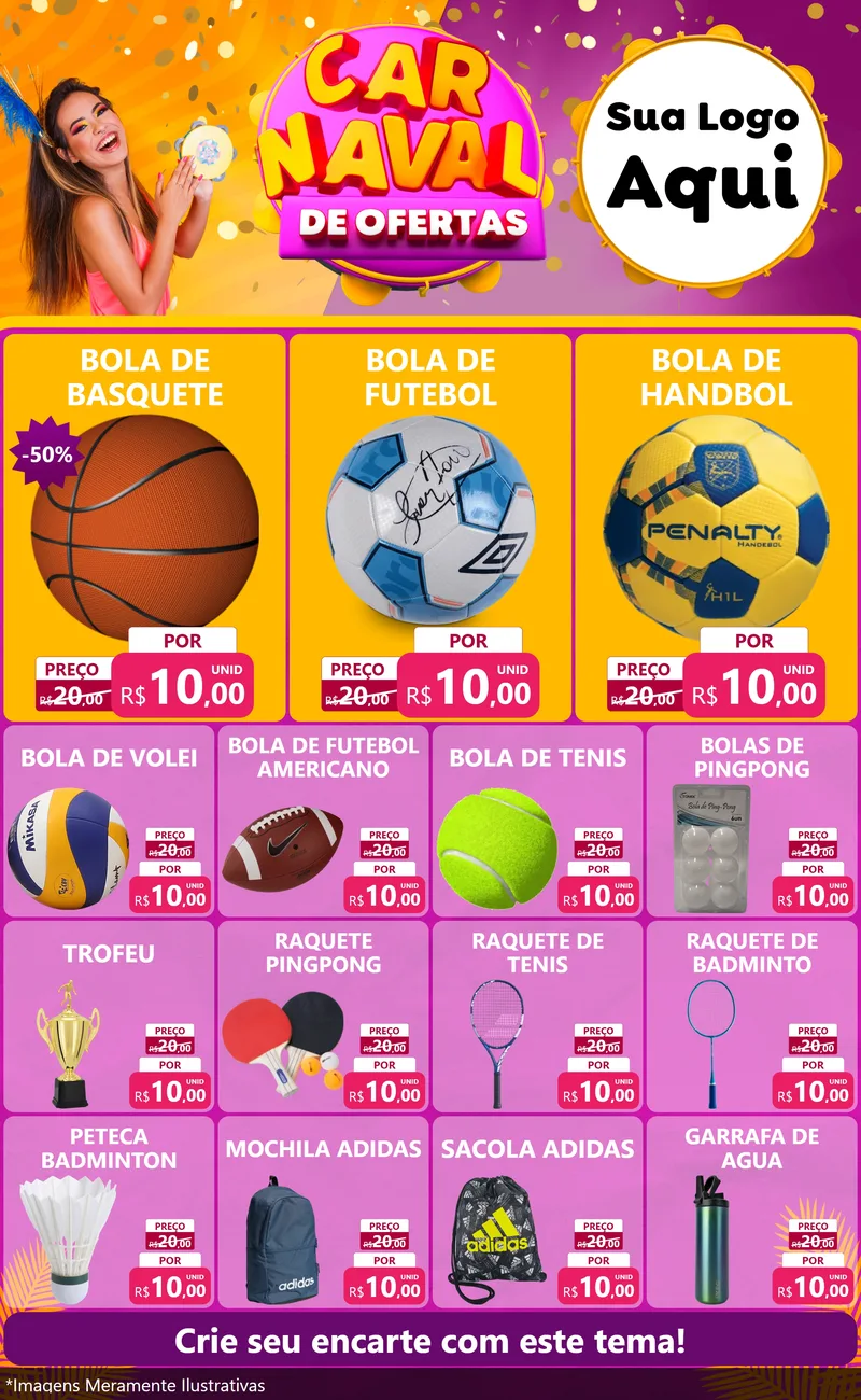 Modelo de Encarte para Encarte Grande com o tema Carnaval de Ofertas para Artigos Esportivos