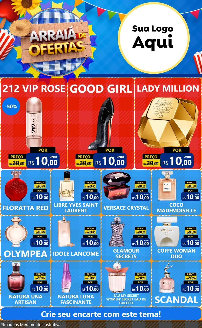 Modelo de Encarte para Encarte Grande com o tema Arraiá de Ofertas para Perfumes
