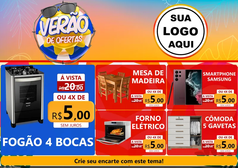 Modelo de Encarte para Encarte A4 Horizontal com o tema Verão de Ofertas para Móveis e Eletro