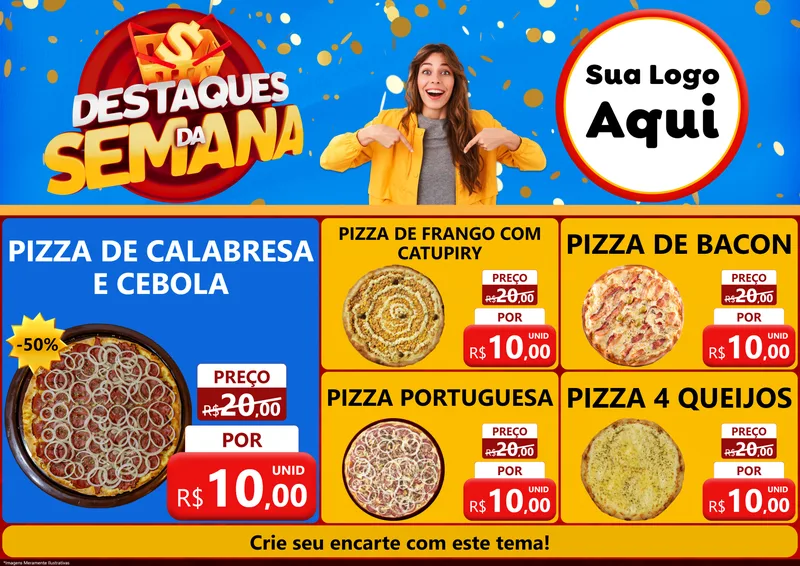 Modelo de Encarte para Encarte A4 Horizontal com o tema Destaques da Semana para Pizzaria