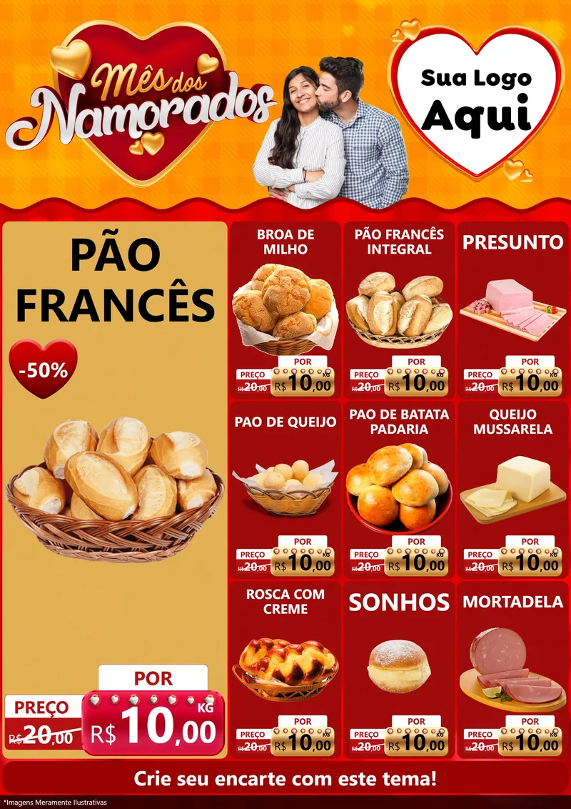 Modelo de Encarte para Encarte A4 Vertical com o tema Mês dos Namorados para Padaria