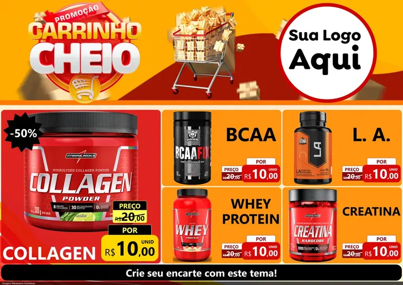 Modelo de Encarte para Encarte A4 Horizontal com o tema Promoção carrinho cheio para Suplementos alimentares