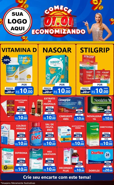 Modelo de Encarte para Encarte Grande com o tema Comece 1º de Janeiro Economizando para Farmácia
