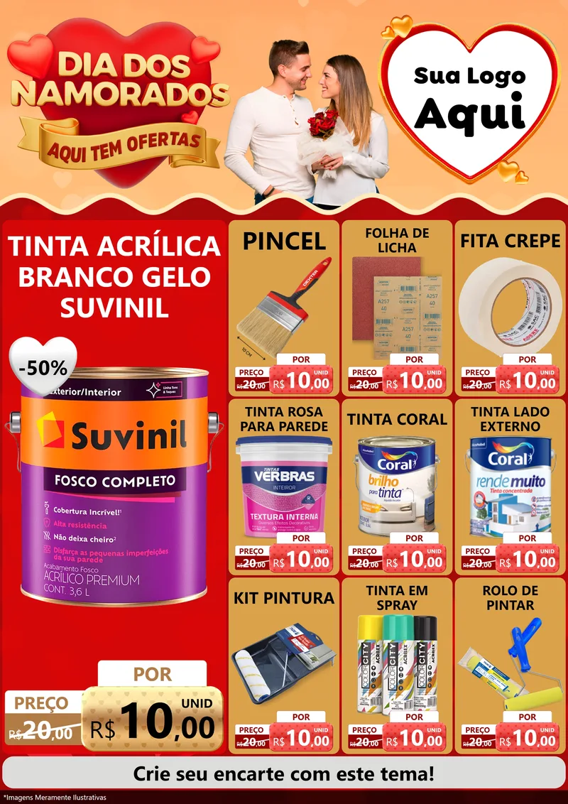 Modelo de Encarte para Encarte A4 Vertical com o tema Dia dos Namorados - Aqui Tem Ofertas para Tintas e Ferramentas