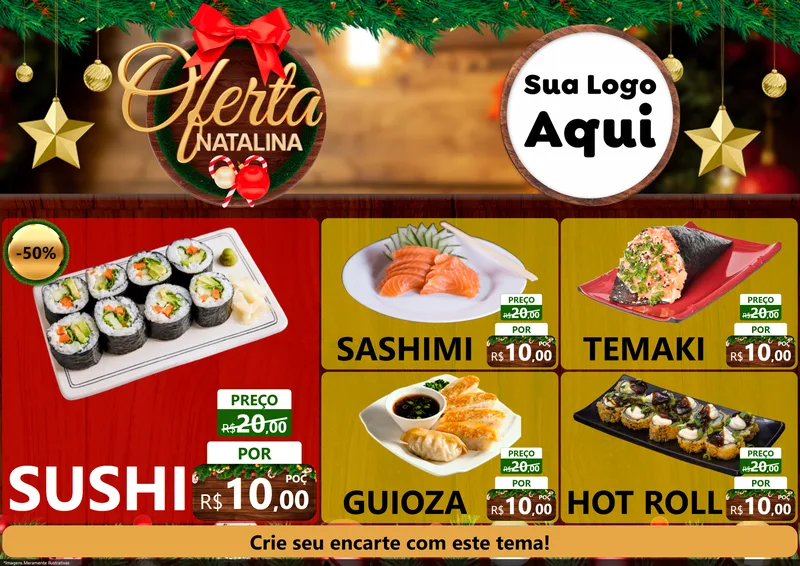 Modelo de Encarte para Encarte A4 Horizontal com o tema Ofertas Natalina para Comida japonesa