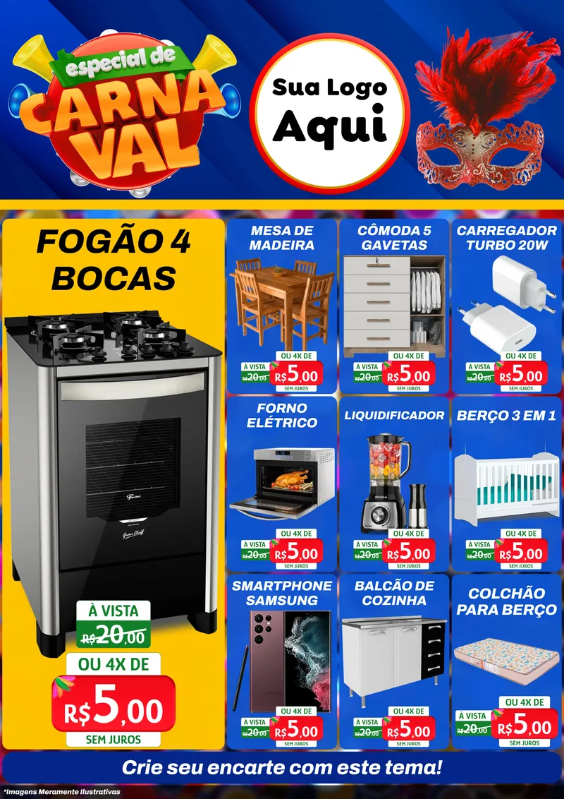 Modelo de Encarte para Encarte A4 Vertical com o tema Especial de Carnaval para Móveis e Eletro