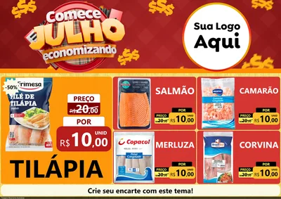 Modelo de Encarte para Encarte A4 Horizontal com o tema Comece Julho Economizando para Peixaria
