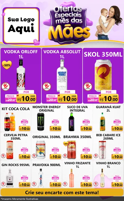Modelo de Encarte para Encarte Grande com o tema Ofertas Especiais - Mês das Mães para Distribuidora de bebidas